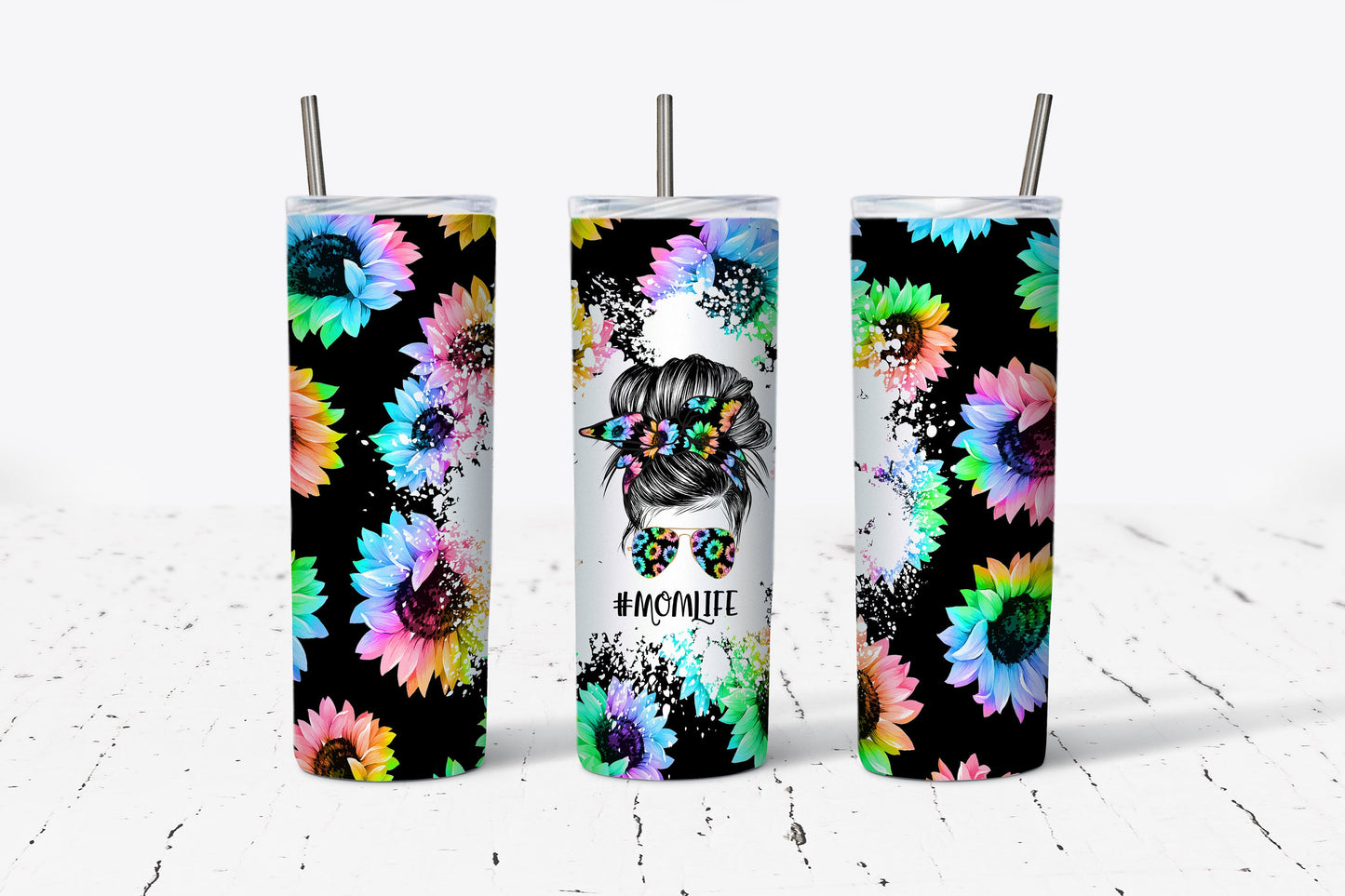 Mom Life Messy Bun Black Colorful Sunflowers 20oz Stainless Steel Tumbler