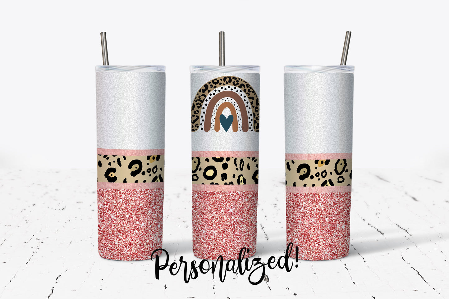 Rainbow, Pink Glitter Personalized 20oz Stainless Steel Tumbler