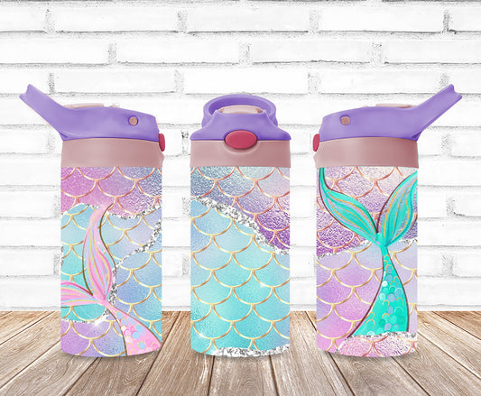 12 oz Flip Top Kids Purple and Pink Stainless Steel Mermaid Tumbler