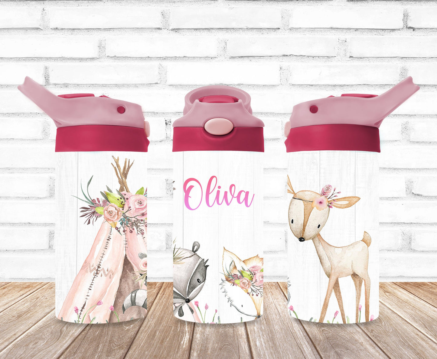 Pink Flip Top 12oz Stainless Steel Woodland Animal Personalized Tumbler for Kids