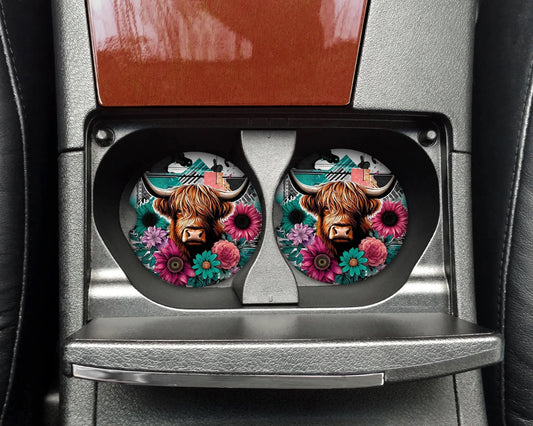Highland Cow and Floral Car Coaster