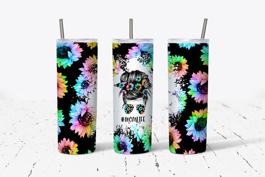 Mom Life Messy Bun Black Colorful Sunflowers 20oz Stainless Steel Tumbler