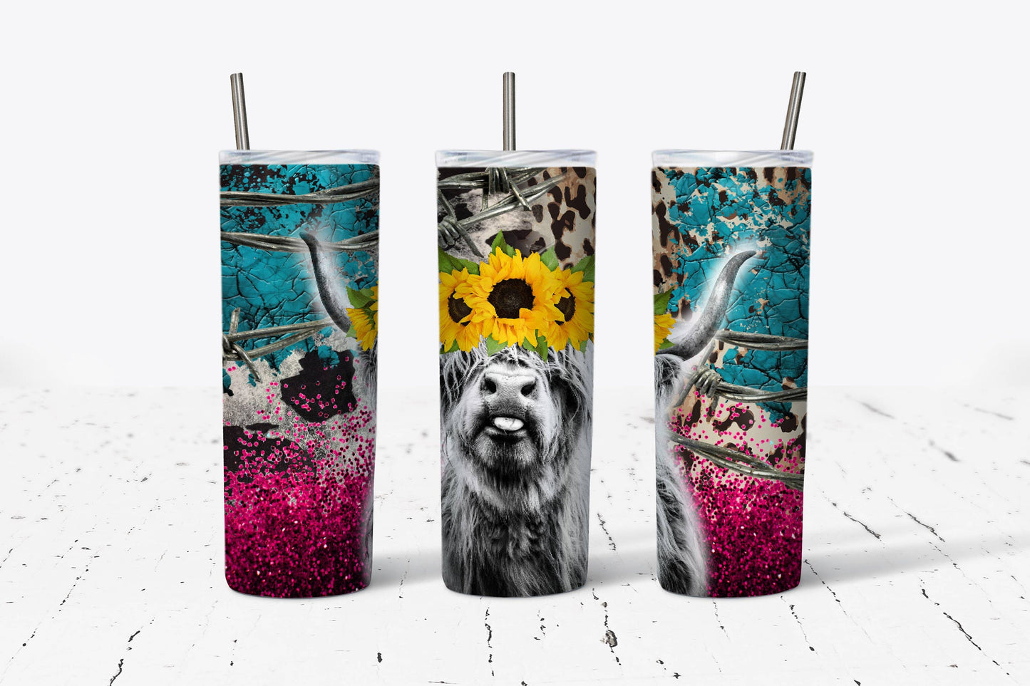 Sunflower Highland Cow Western Tumbler