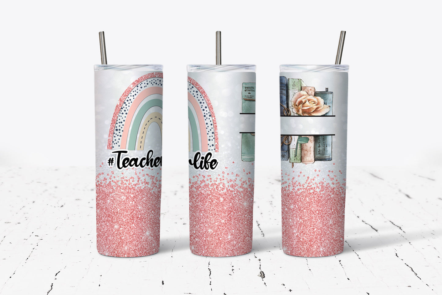 Pink Rainbow Teacher Books Personalized 20 oz  Stainless Steel Tumbler
