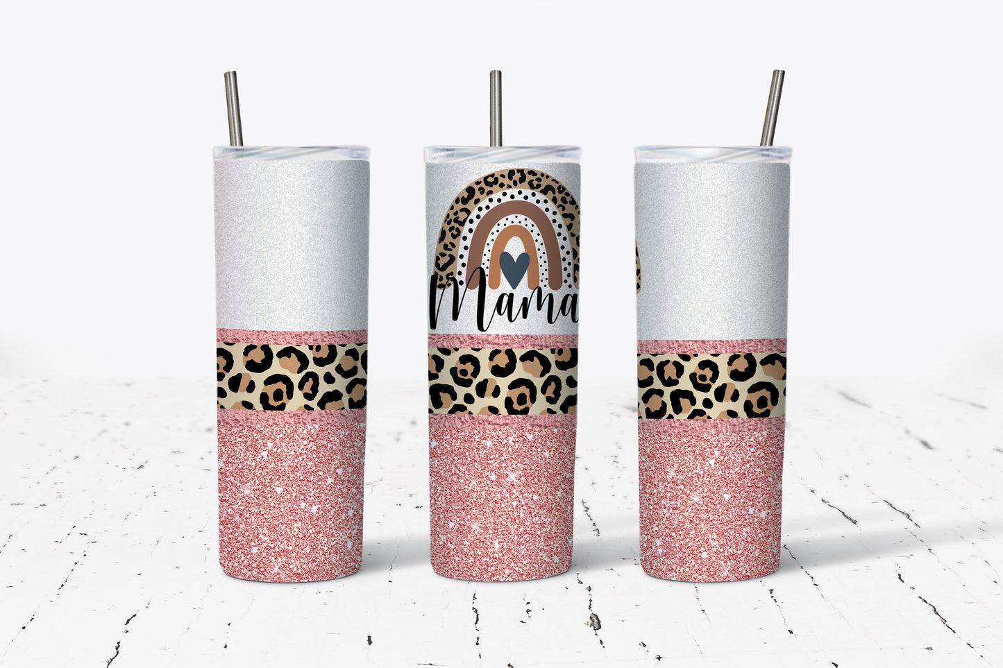 Mama Rainbow Pink Glitter 20oz Stainless Steel Tumbler