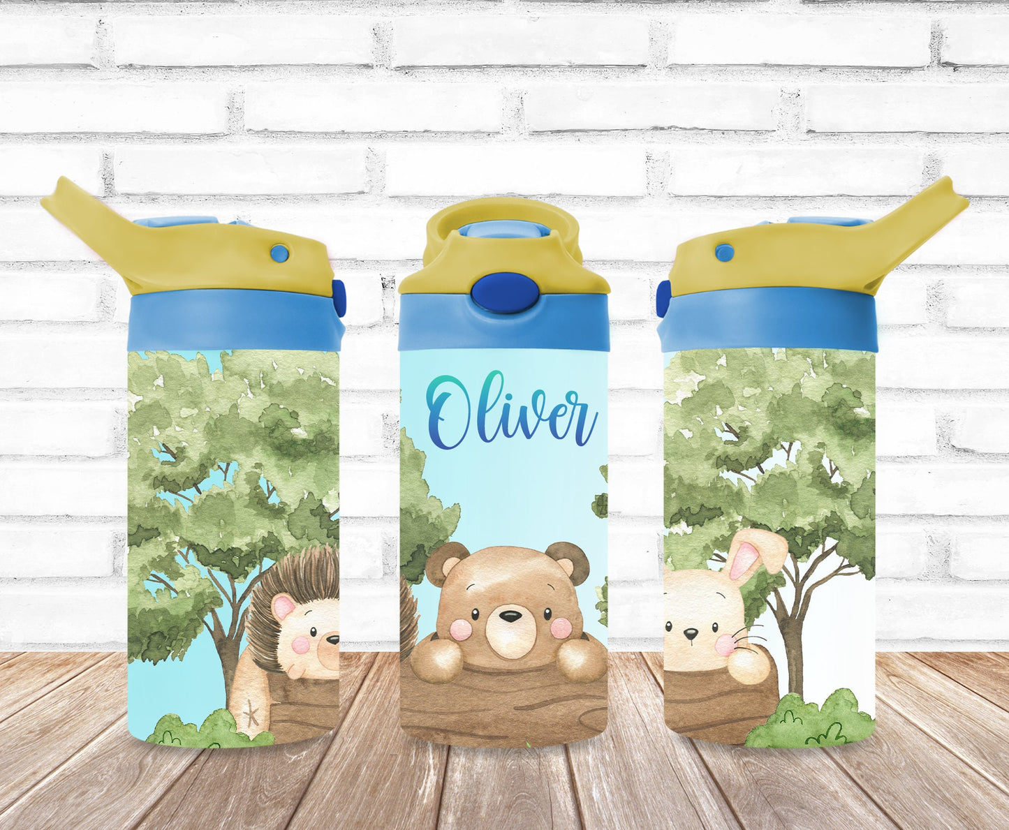 Blue Yellow Flip Top Woodland Animal Personalized 12 oz Kids Stainless Steel Tumbler